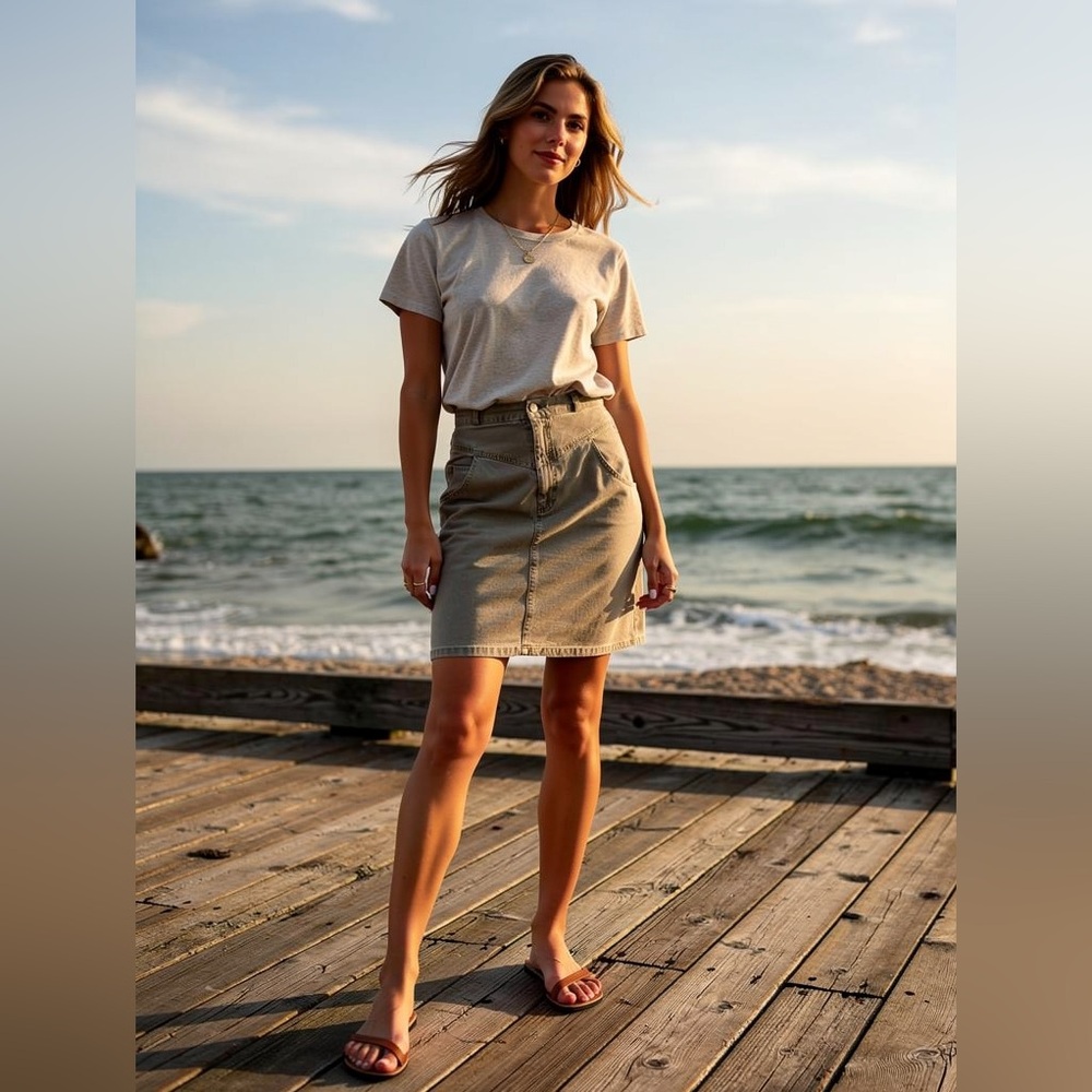Vintage Contrast Denim Army Green Skirt